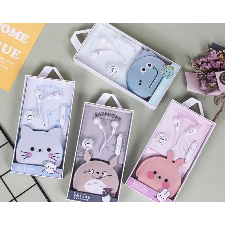 [KN-8227] / [KN-8231] Set Headset Earphone Motif Kepala HEWAN Bulat / Wadah Earphone Kartun Animal Head Lucu Bahan Kulit / Dompet Earphone Kulit Lucu