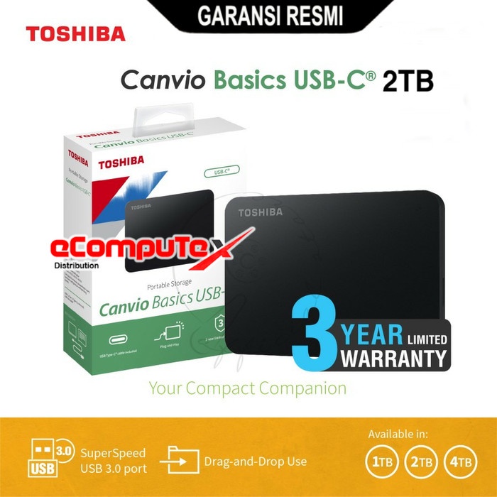 HDD TOSHIBA CANVIO BASIC A3 2TB / 2 TB HARDDISK EXTERNAL USB 3.2 TYPE C GARANSI RESMI