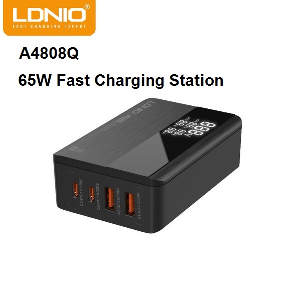LDNIO A4808Q - 65W Fast Charge Desktop Charger - Support PD and QC 3.0 - 2 USB Port + 2 USB-C Port - Bisa untuk Smartphone, Tablet dan Laptop