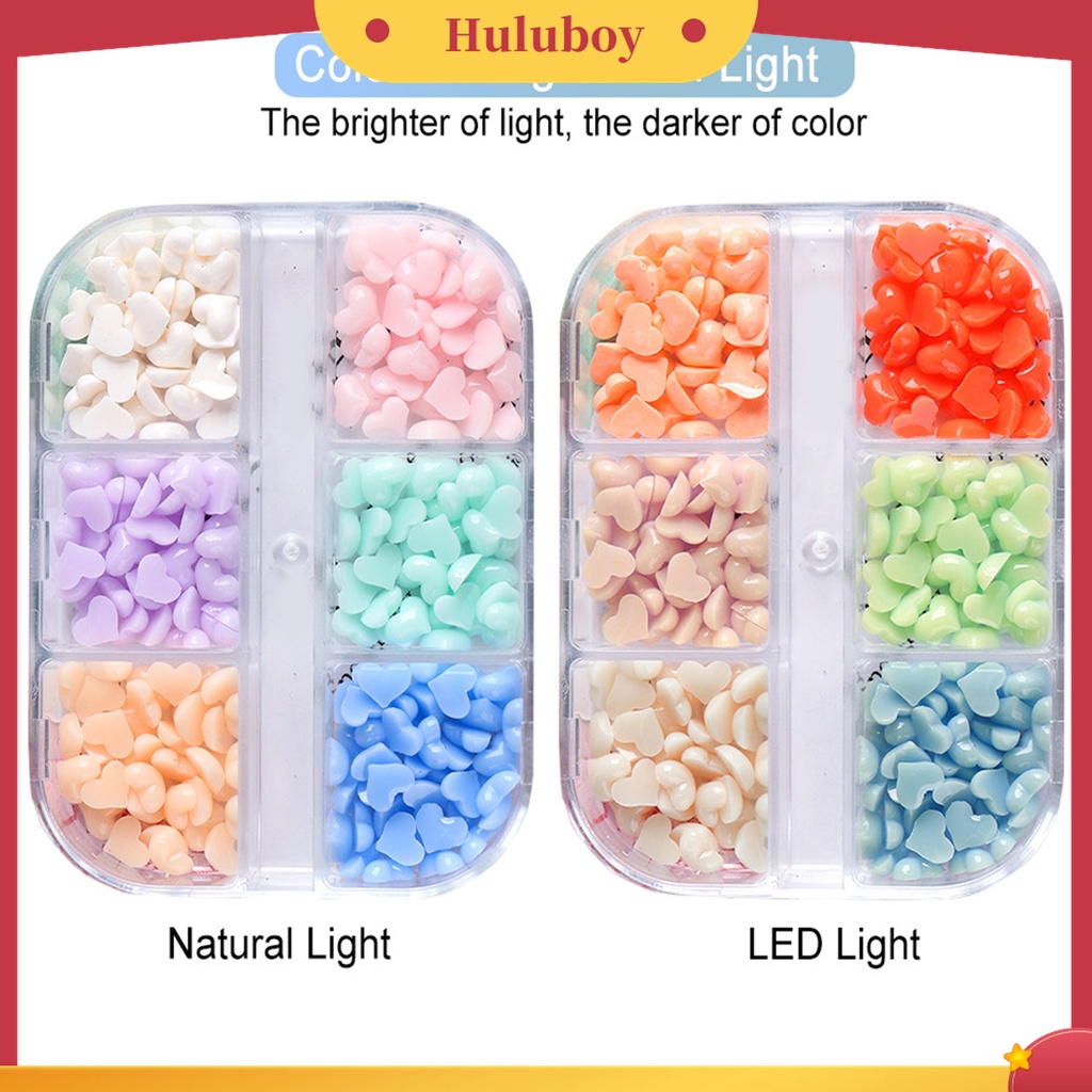 Huluboy Huluboy♡ 6 Grids / Box Ornamen Hati 3D Efek Berubah Warna Putih Pink Untuk Dekorasi Nail Art Charms