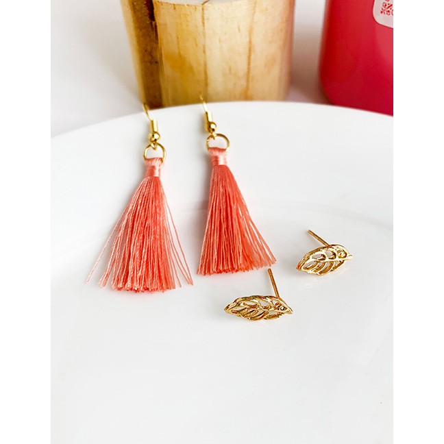 LRC Anting Set Fashion Gold Alloy Leaf Pineapple Cotton Line Tassel Earrings Stud Earrings Set F9179