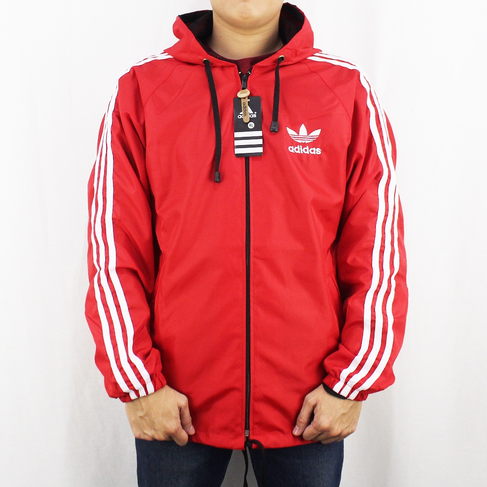 JAKET PARASUT JUMBO ADIDAS WINDBREAKER MERAH LIST PUTIH - JAKET OLAH RAGA PRIA -JAKET JUMBO XL XXL - JAKET TRAINING - JAKET LARI