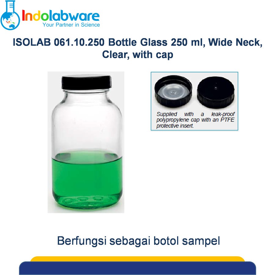 Jual ISOLAB Bottle Glass Clear 250 Ml, Wide Mouth, With Cap | Botol ...