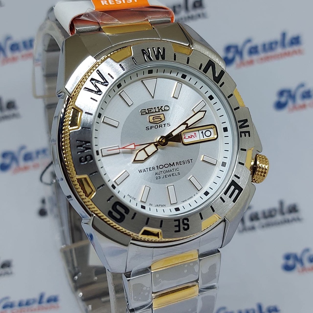 Seiko 5 Sports SNZF08J1 Silver Compass Bezel - Jam Tangan Pria SNZF08