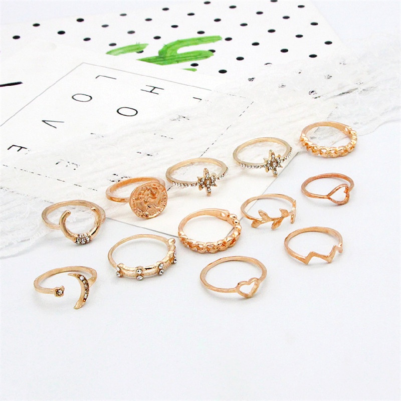 12pcs / Set Cincin Berlian Bentuk Bulan Bintang Hati Daun Untuk Wanita