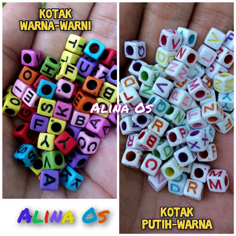 (100PCS) MANIK HURUF KOTAK WARNA-WARNI DAN KOTAK PUTIH WARNA