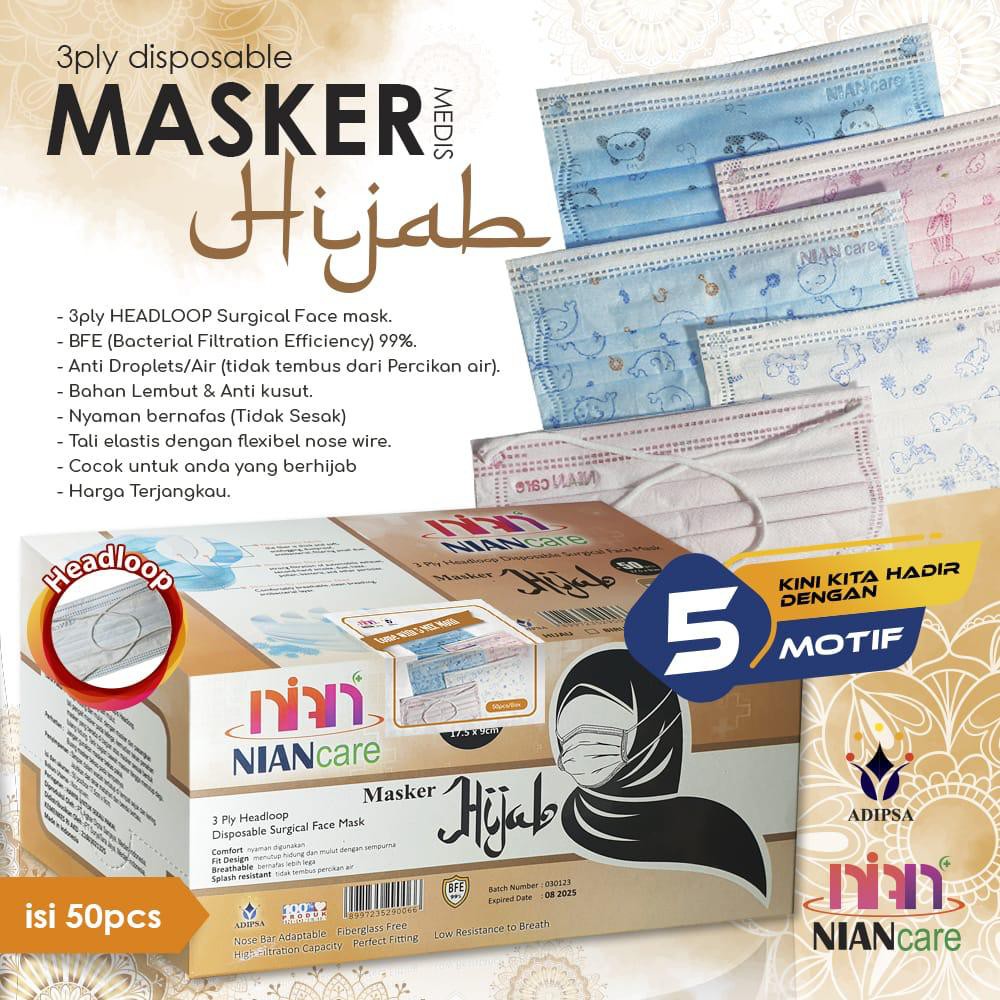 MASKER 3 PLY / MASKER KESEHATAN / MASKER MEDIS HIJAB HEADLOOP NIAN CARE ISI 50 (BERMOTIF)