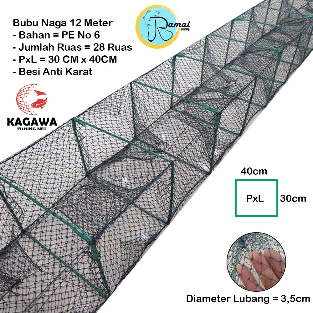 Bubu Naga Ramai Pancing 12 Meter Kagawa Fishing Net Jaring Ikan 28 Ruas Bahan PE Kuat