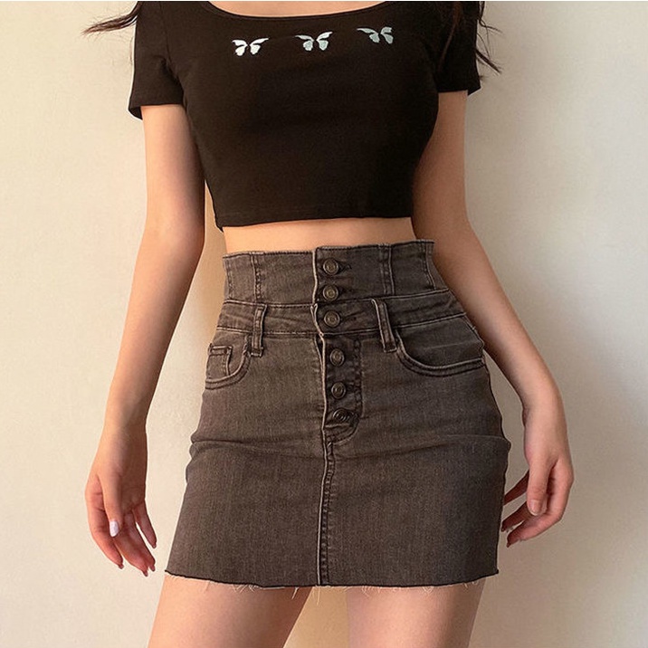 Rok Denim Rok Pendek Wanita Rok Jeans Melar Rok Stretch Rok Pinggang Tinggi Elastis untuk Wanita Rok Pendek a-line slim fit all-match Rok Highwaist Fashion Seksi