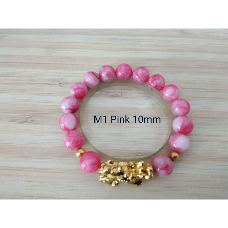 Gelang Batu Pink + Pixiu Mas 10mm / M1 Pink + Kotak mewah