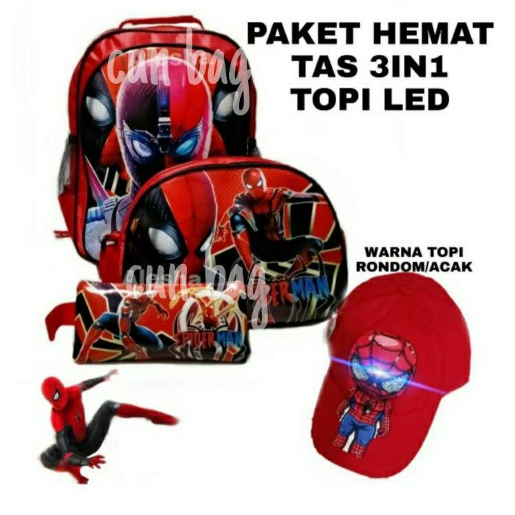 rangsel sekolah tk dan sd tas karakter spiderman 3in1+topi led bisa mrnyala Q75R