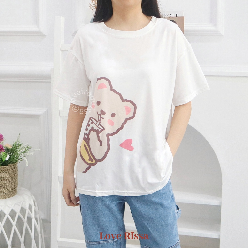 Kaos Tshirt Teddy Boba Oversized Korean Street Baju Wanita Baju Lengan Pendek Love Rissa