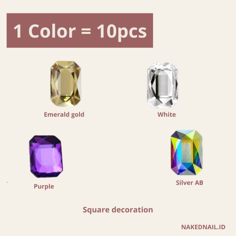 nail decoration Square rhinestone charm kotak hiasan kuku charm nail art 1 warna isi 10