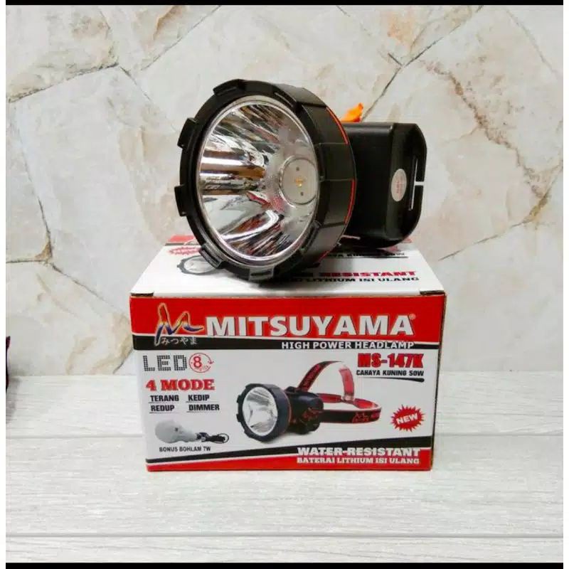 Senter kepala mitsuyama Ms-147k Ms-147P 50watt cahaya kuning dan PUtih Water Resistant murah berkualitas Headlamp Free Bohlam 7WATT (BONUS) GRATIS