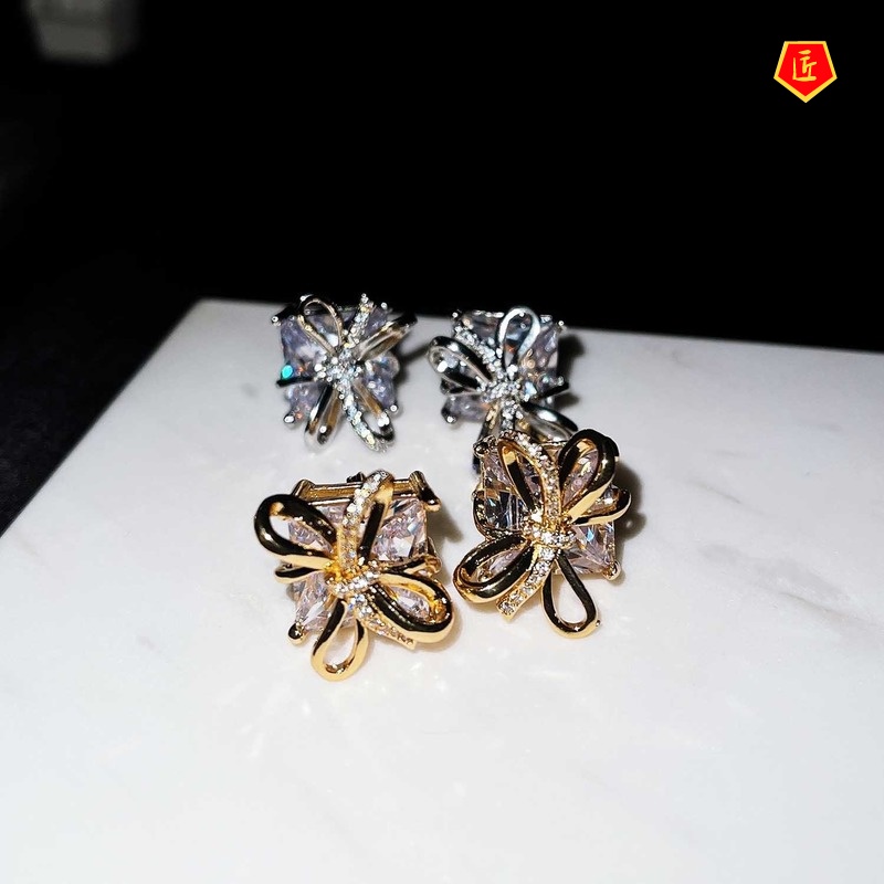 [Ready Stock]S925 Silver Stud Earrings Gift Box Shape Diamond Bow Design