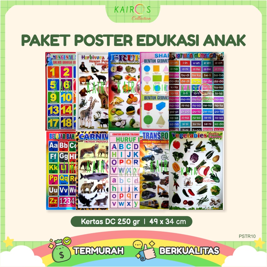 Paket 10 Pcs Poster Anak Edukasi Belajar Huruf Abjad, Buah, Angka, Hewan Binatang, Sayur, Kendaraan Transportasi