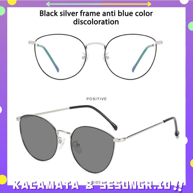 Kacamata Lensa Photochromic Kacamata Anti blue Light Berubah Warna Bingkai Metal Gaya Retro Untuk Pria Dan Wanita