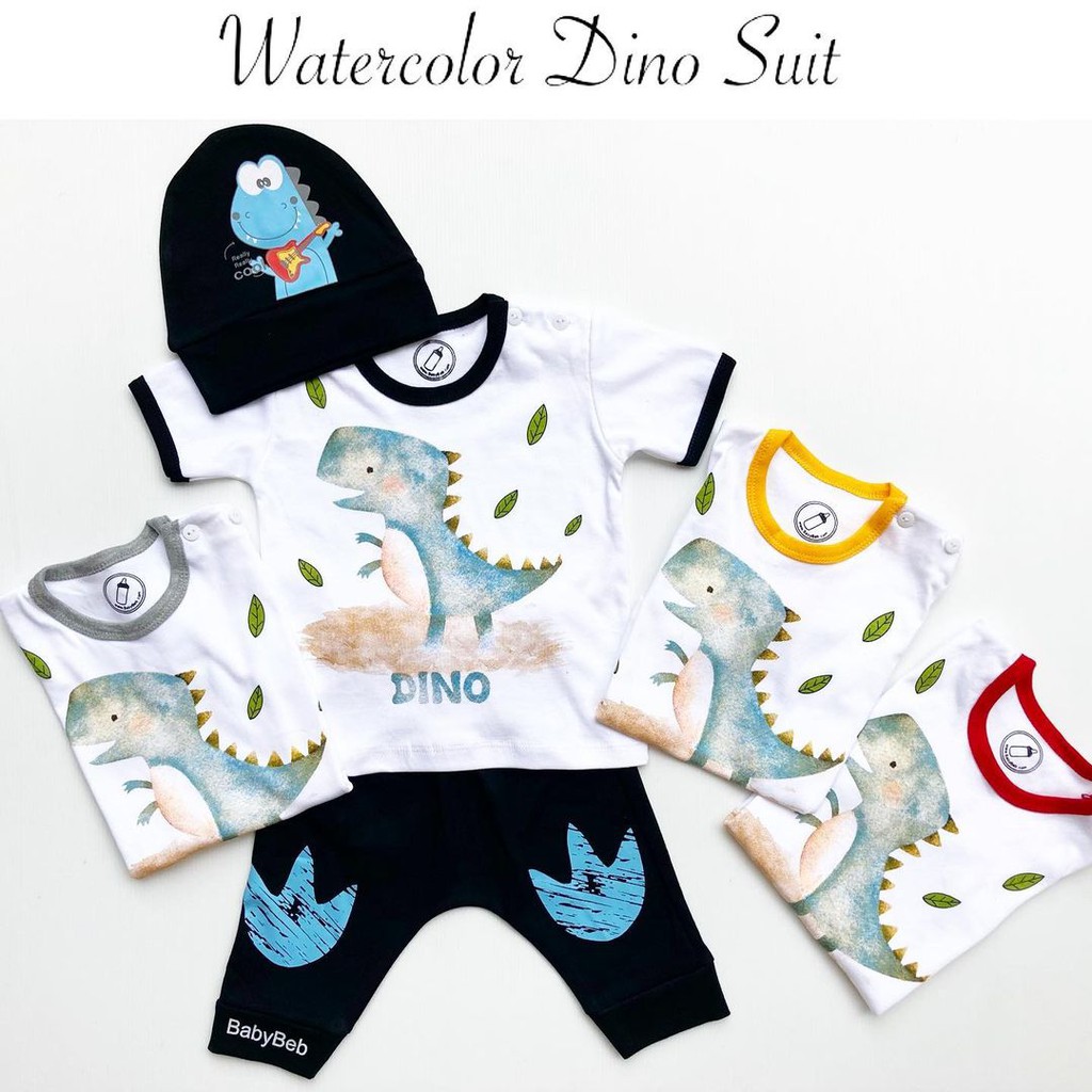 WATERCOLOR DINO Baju Setelan Kaos Celana Pergi Jalan Topi Lucu Fashion Anak Bayi Cowok Laki Terlaris