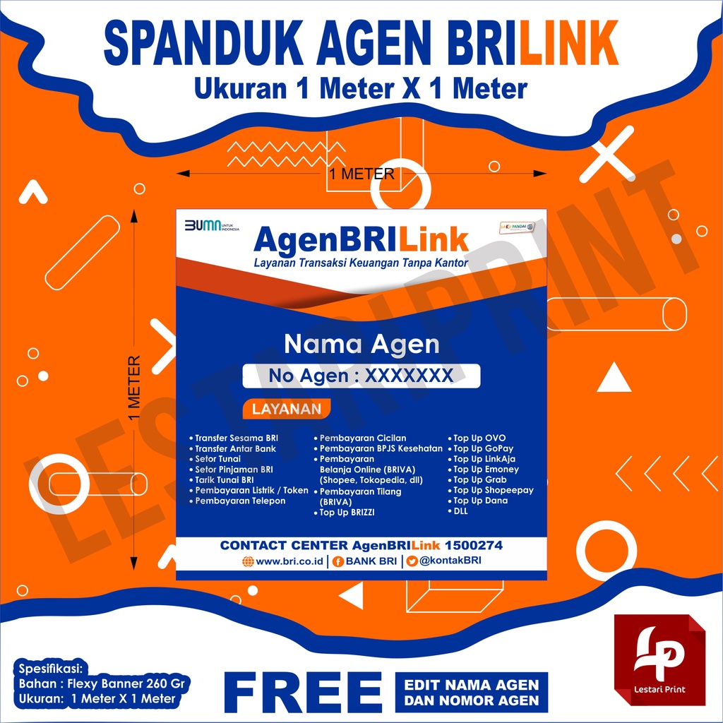 SPANDUK BRILINK KOTAK 1 METER X 1 METER / SPANDUK AGEN BRILINK / BANNER AGEN BRI LINK / LESTARIPRINT