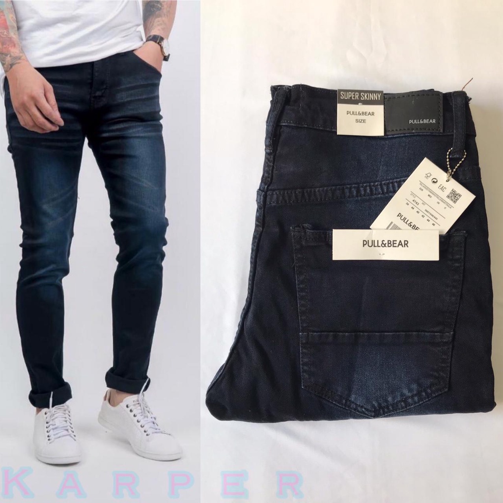 CELANA JEANS PRIA PULL&amp;BEAR BLACK WHISKER NAVY SKINNY STRETCH PULLANDBEAR PULL &amp; BEAR PULL P&amp;B BIRU