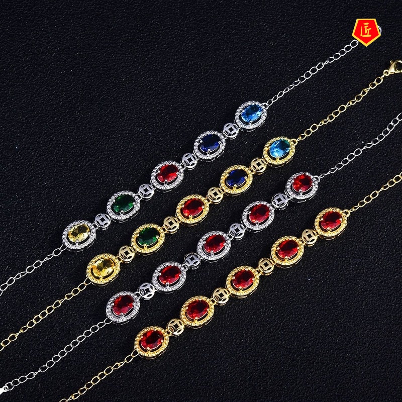 [Ready Stock]Luxury 18K Gold Ruby Inlaid Colored Gems Bracelet