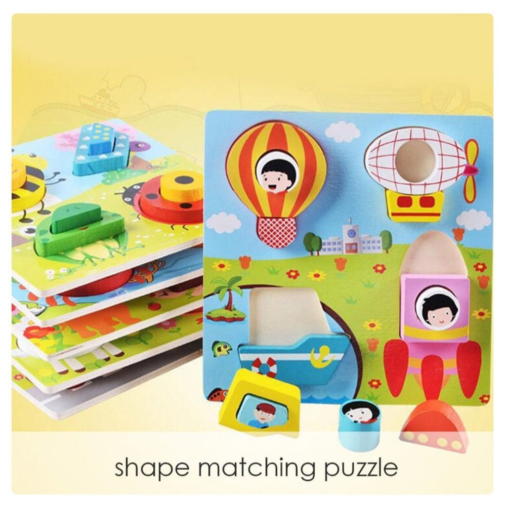 Mainan Anak Puzle Kayu Timbul - 3D Shape Matching Puzzle