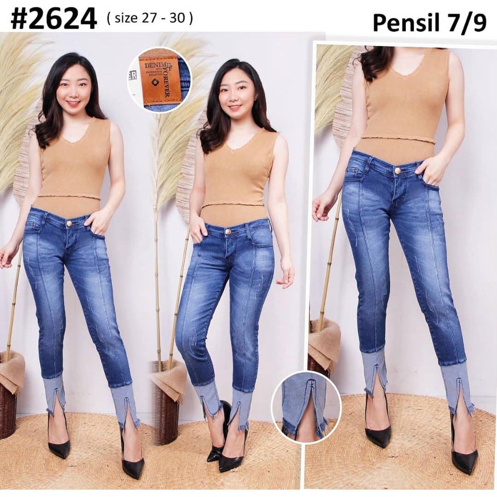 Celana Jeans Wanita Pensil 7/9 Tulang Slit Depan Rawis 27 28 29 30 Bisa Bayar Ditempat (COD)