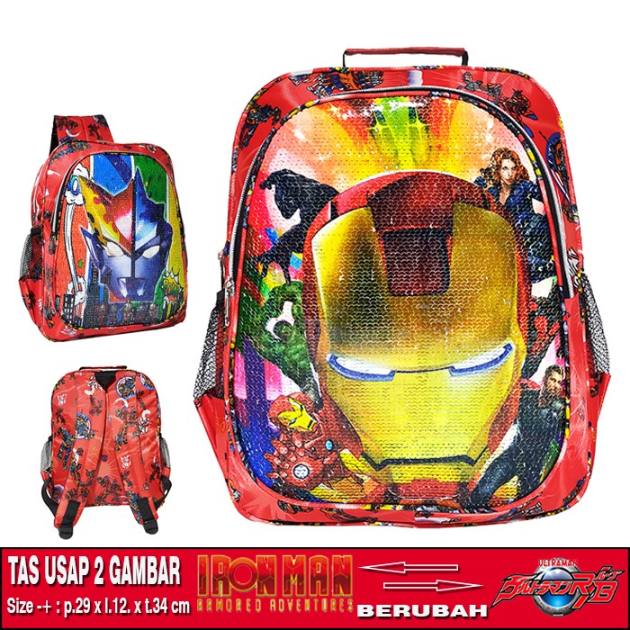 TAS RANSEL SEQUIN / USAP 2 GAMBAR KARAKTER IRON MAN - ULTRAMAN ANAK SEKOLAH TK / SD