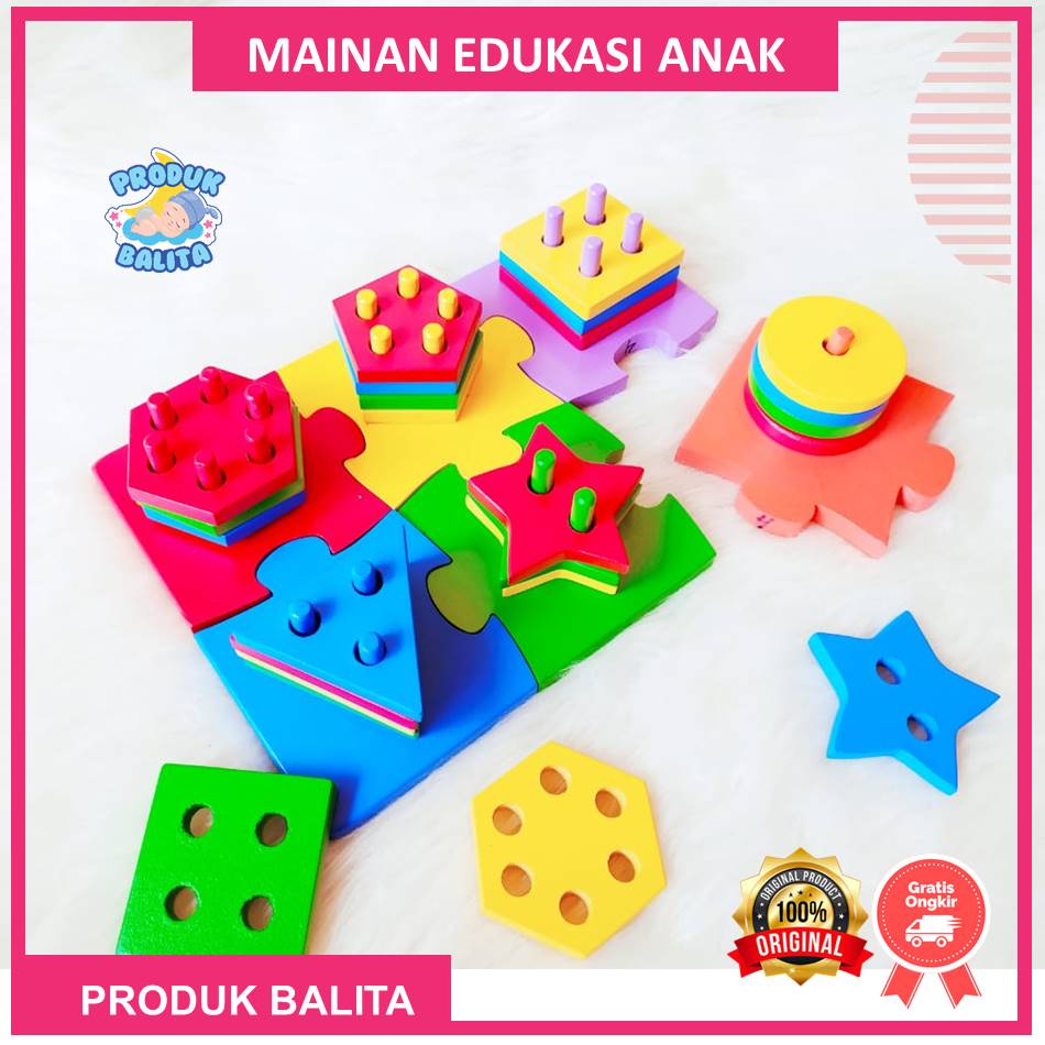 Mainan Kayu Edukasi Anak PAUD TK Bentuk Puzzle Warna Warni Enam Menara Untuk Melatih Kesabaran Anak