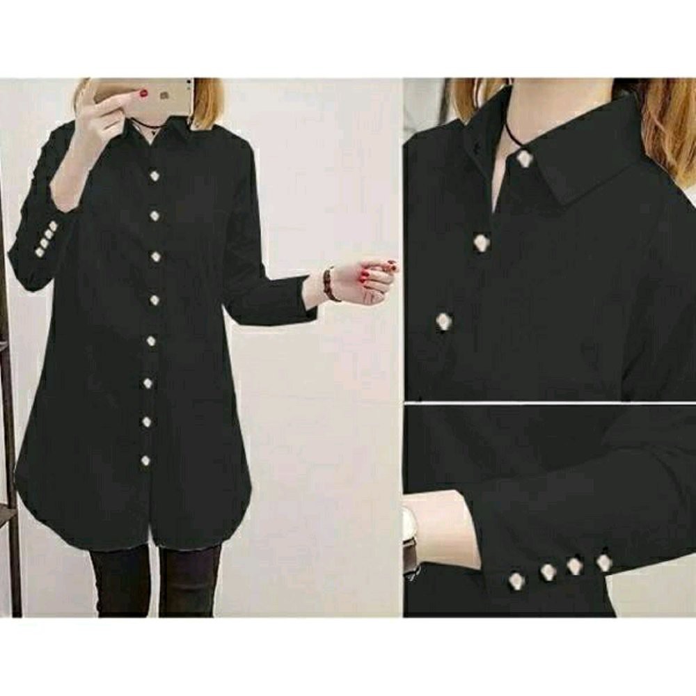 sq Hem 3button tunik kemeja wanita putih lengan panjang imut simple elegan hijab modis modern murah