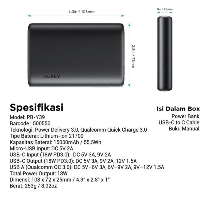 Aukey Powerbank Sprint Go Mini 15000 mAh with PD &amp; QC - 500715 - PB-Y39