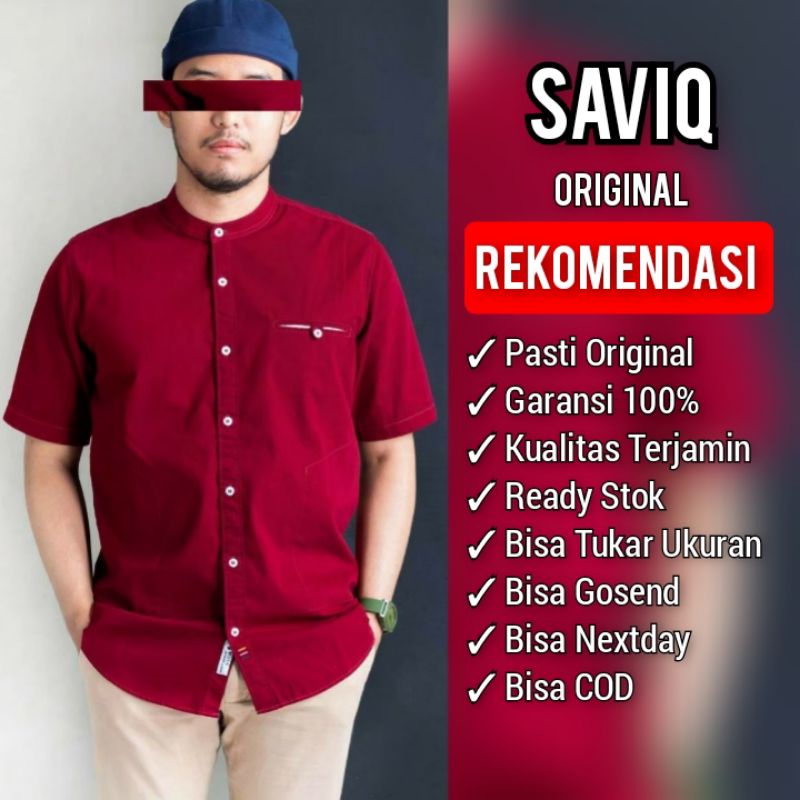 SAVIQ kemko lengan pendek baju muslim polos pria kemeja koko Merah kode KQS4005