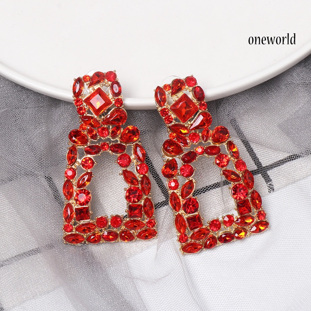 OW# Women Rhinestone Hollow Out Geometric Dangle Ear Stud Earrings Jewelry Gift