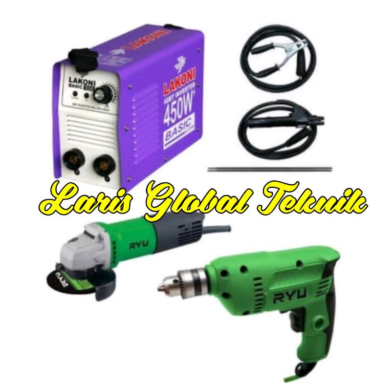 Paket Hemat: Mesin las lakoni 450watt+bor 10mm+gerinda 4 inch RYU