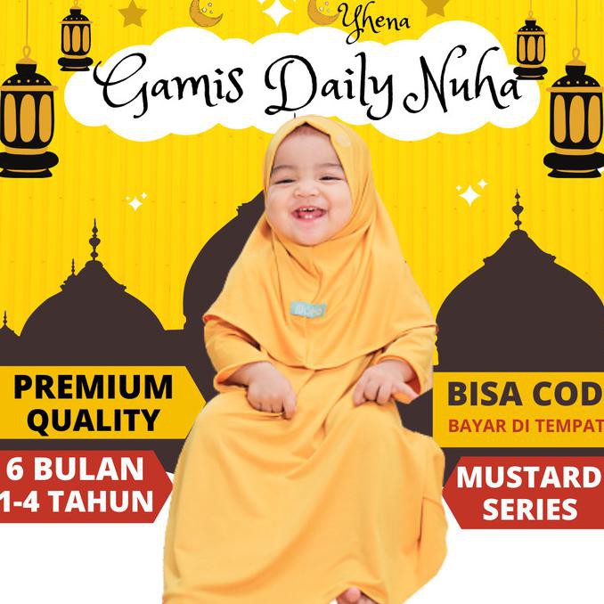 Setelan Baju Gamis Anak Bayi Perempuan Umur 1 - 4 Tahun Busana Muslim - Mustard, Xs (6-11 Bulan)