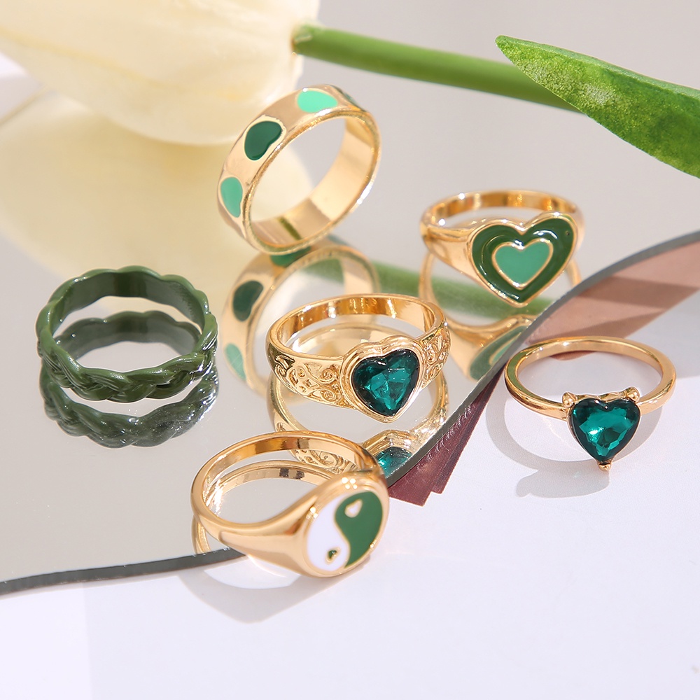 6pcs/set Green Heart Gold Rings Set Crystal Tai Chi Ring for Women Jewelry Fashion Accessories