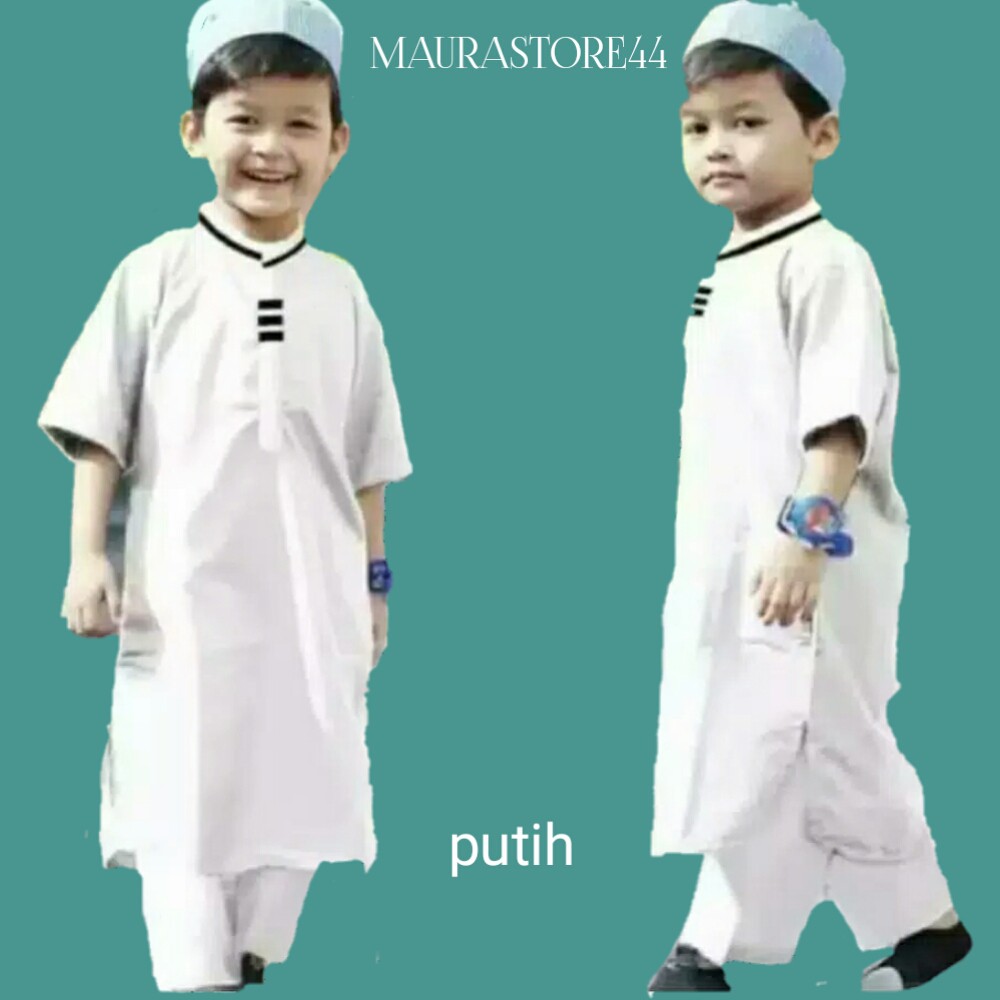 SETELAN BAJU MUSLIM  ANAK LAKI LAKI MODEL LIS WARNA PUTIH