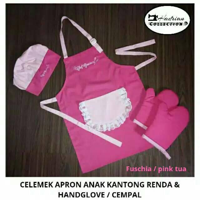 Celemek apron anak renda,Topi koki anak dan hand glove / cempal / sarung tangan anti panas