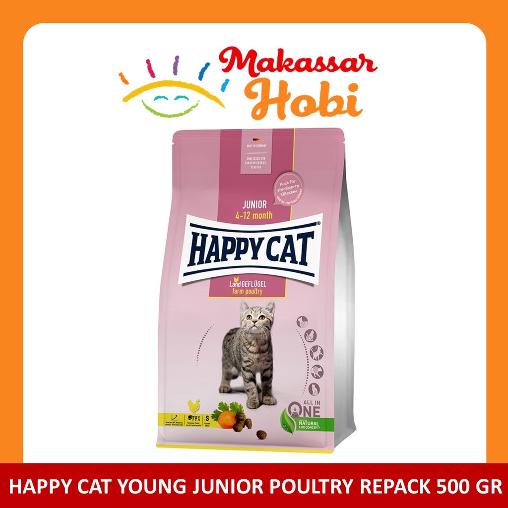 Makanan Anak Kucing Kering Happy Cat Junior Farm Poultry Repack 500 gr