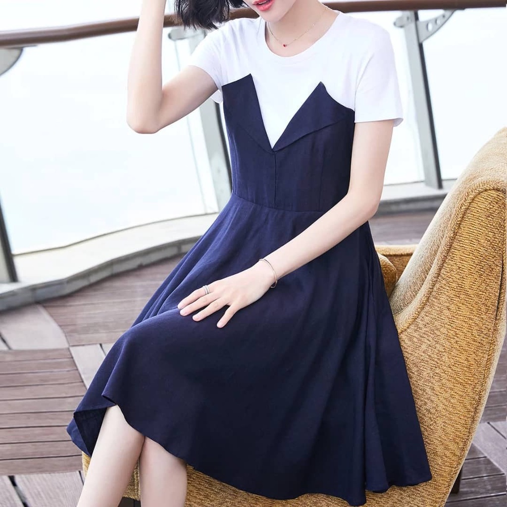 Baju Dress Gaun Korea Mini Midi Flare Katun Putih Biru Navy Polos Lengan Pendek Kasual Wanita Dewasa