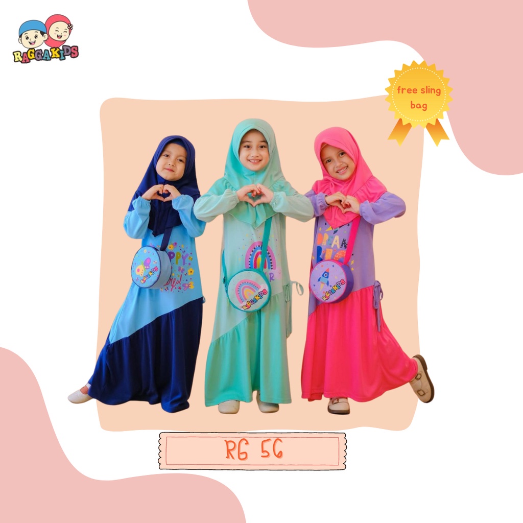GAMIS ANAK BAHAN KAOS MOTIF SABLON PREMIUM GRATIS SLING BAG WARNA NAVY MINT UNGU RG 56 RAGGAKIDS