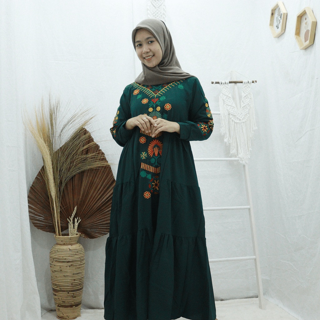 Ramadhani Dress - Gamis Putih Bordir Modern Fit to L Bahan Torrybruch Premium Tebal Motif Bunga - Dress Muslim Wanita Mewah Kekinian Elegant - Gamis Syar'i Turki Lengan Panjang Untuk Kondangan Lebaran Terlaris