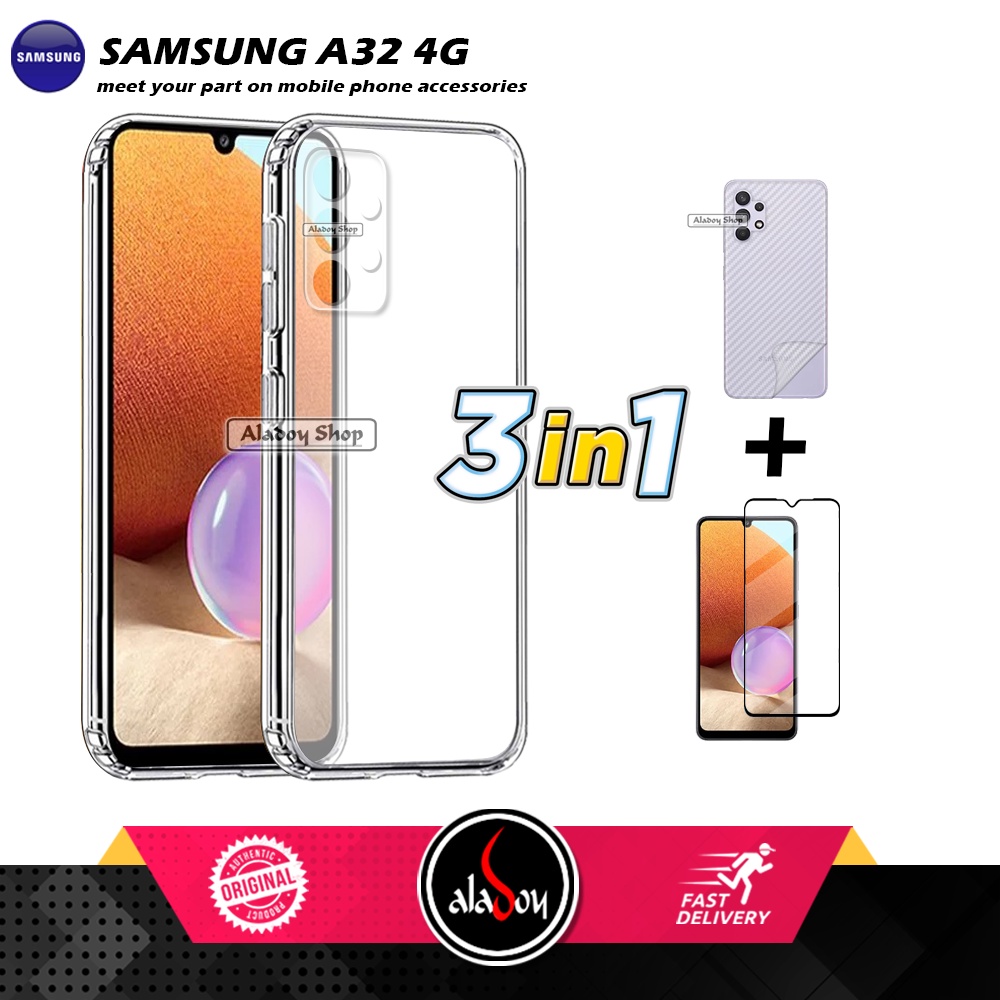 Casing Samsung A32 4G New Case Ultrathin Premium  Softcase Clear HD + Tempered Glass Layar Full + Skin