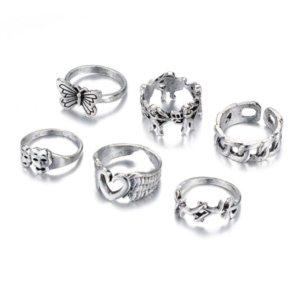 Solighter 6pcs/Set Cincin Jari Set Wanita Pria Kupu-Kupu Tengkorak Hati Sayap