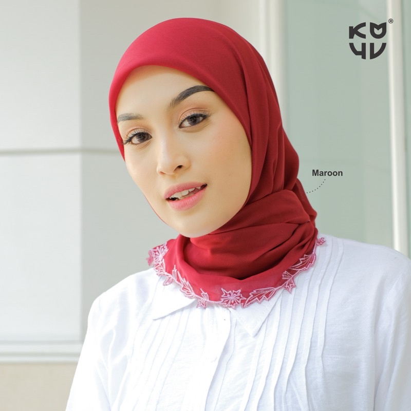 Koyu Hijab Segiempat Viney Jepang Lace Embroidery Daun