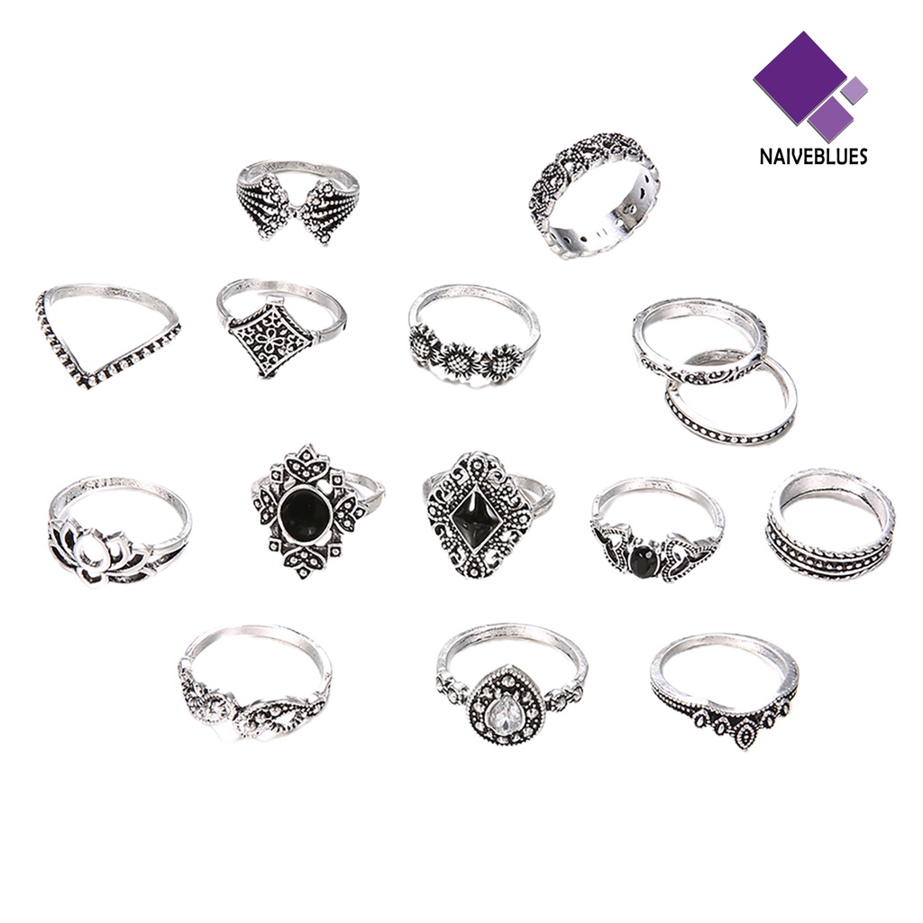 15pcs / Set Cincin Jari Stacking Permata Imitasi Model Bunga Matahari Teratai Hollow Untuk Wanita