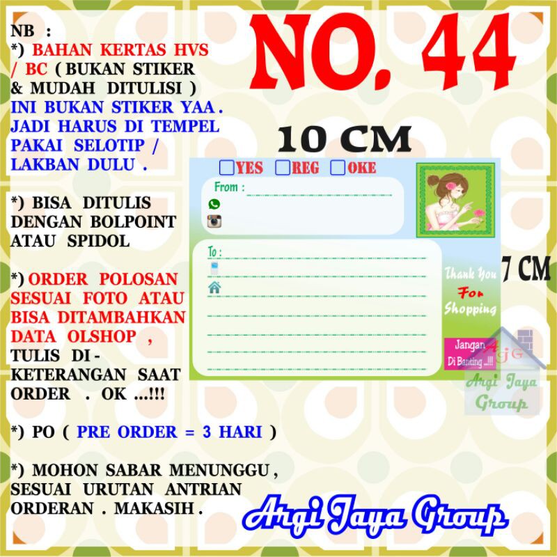 

Label Pengiriman Alamat Olshop Murah Nomer 44 - 10x7cm - Kertas BC (Manila)