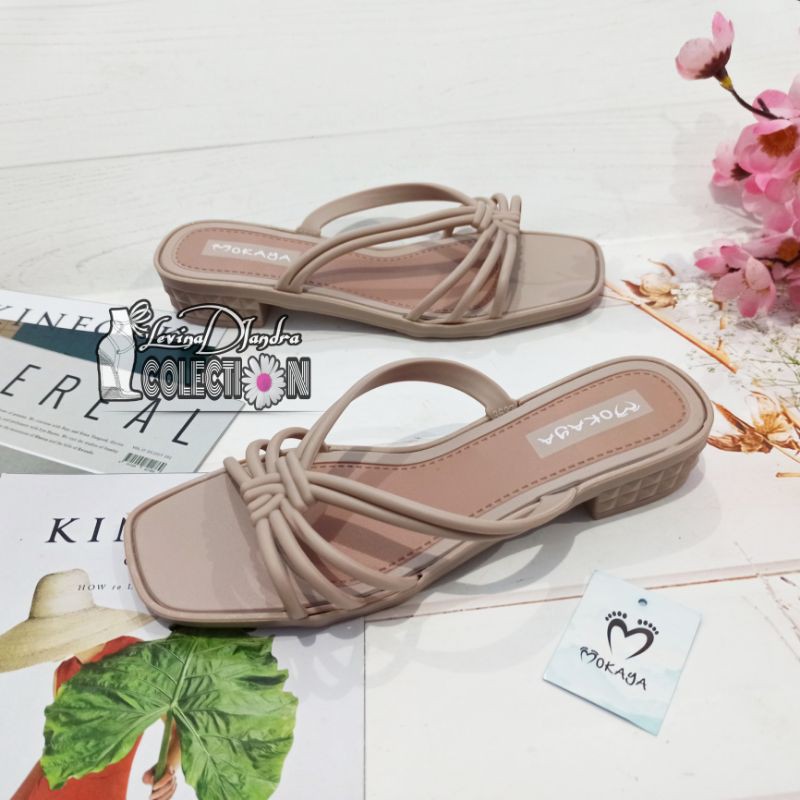 SANDAL SLOP KARET TALI SILANG SIMPUL HELLS MOKAYA M1610B 36-40-Coklat muda/krem