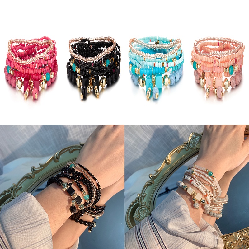 8pcs / Set Gelang Manik-Manik Turquoise Bentuk Kotak Gaya Boho Untuk Wanita