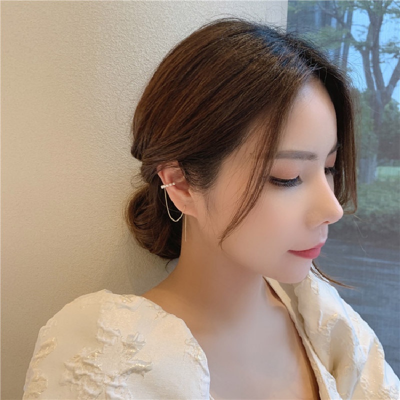 Anting Klip Rantai Hias Mutiara Gaya Retro Korea Untuk Wanita